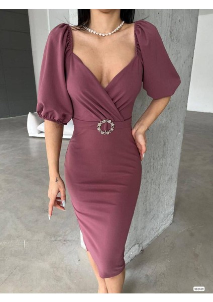 Kendinden Kemerli Krep Kumaş Kısa Kollu Elbise 582439 Gulkurusu