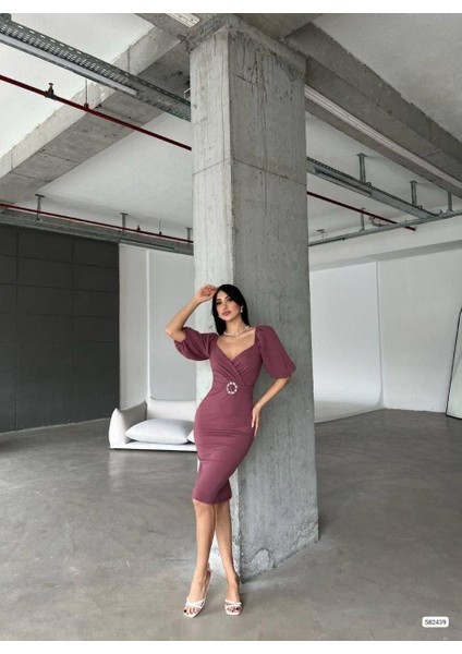 Kendinden Kemerli Krep Kumaş Kısa Kollu Elbise 582439 Gulkurusu fırsatları