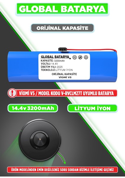 Viomi V5 Uyumlu Robot Süpürge Bataryası 14.4V 3200MAH Li-Ion Pil (Orijinal Kapasite)