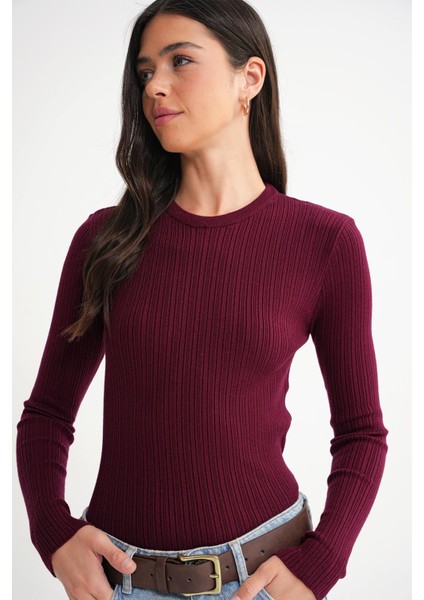 6938 Kadın Bisiklet Yaka Fitilli Triko Body Bordo fiyatları
