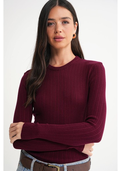6938 Kadın Bisiklet Yaka Fitilli Triko Body Bordo modelleri