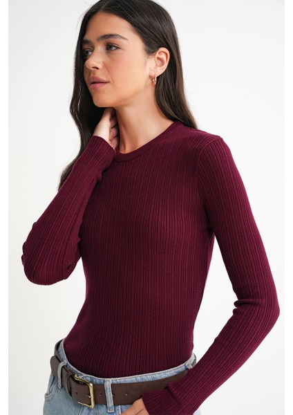 6938 Kadın Bisiklet Yaka Fitilli Triko Body Bordo fırsatları