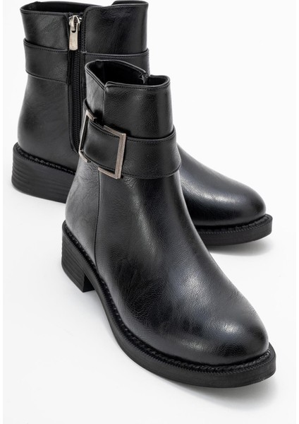 Kare Tokalı Kadın Bot Siyah Cilt