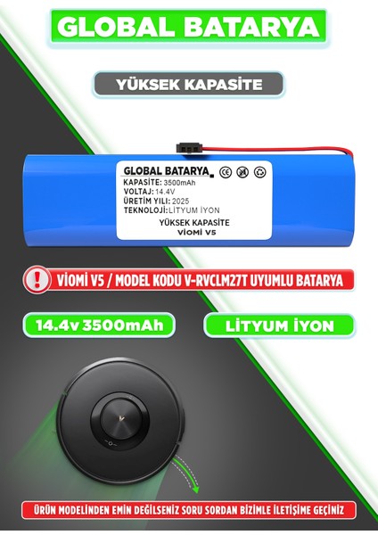 Viomi V5 Uyumlu Robot Süpürge Bataryası 14.4V 3500MAH Li-Ion Pil (Yüksek Kapasite)