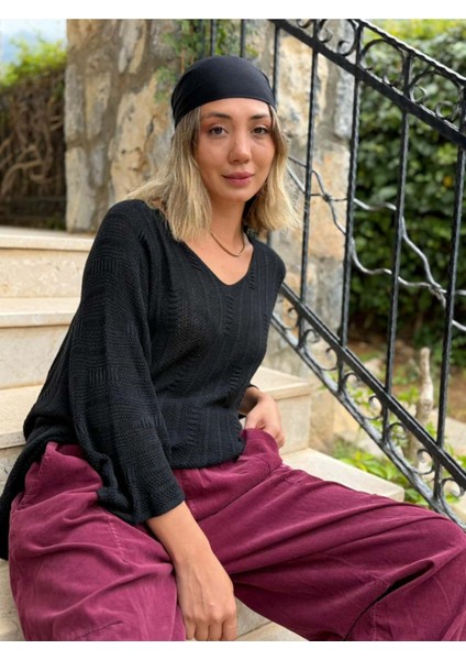 LS8713 Italyan Çizgi Desenli Triko Bluz Siyah