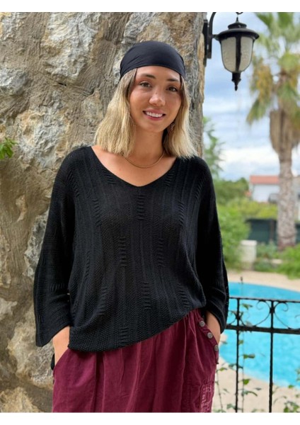 LS8713 Italyan Çizgi Desenli Triko Bluz Siyah fiyatları