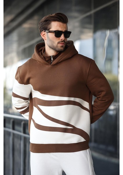 Kahverengi Kapüşonlu Fermuar Yaka Desenli Erkek Sweatshirt E7162