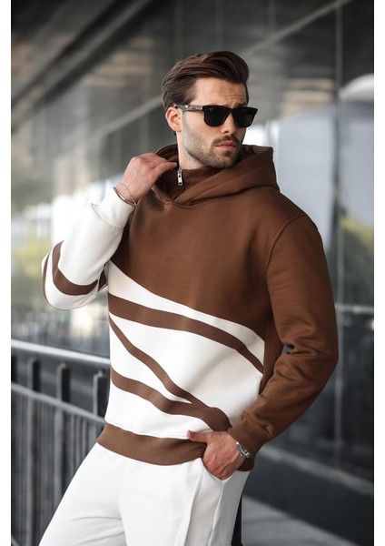 Kahverengi Kapüşonlu Fermuar Yaka Desenli Erkek Sweatshirt E7162 fiyatları