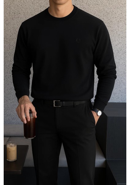 Erkek Bisiklet Yaka Salaş Pamuklu Siyah Sweatshirt