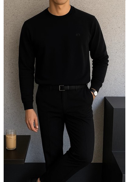 Erkek Bisiklet Yaka Salaş Pamuklu Siyah Sweatshirt modelleri