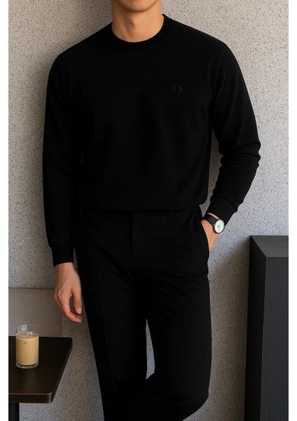 Erkek Bisiklet Yaka Salaş Pamuklu Siyah Sweatshirt