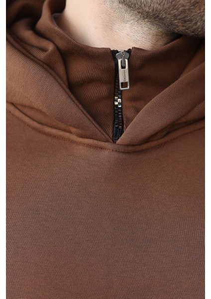 Kahverengi Kapüşonlu Fermuar Yaka Desenli Erkek Sweatshirt E7162 modelleri