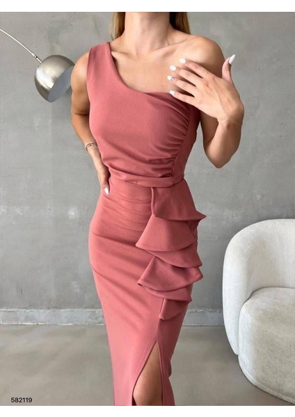 Fırfır Detaylı Yırtmaçlı Uzun Abiye Elbise 582119 Gulkurusu