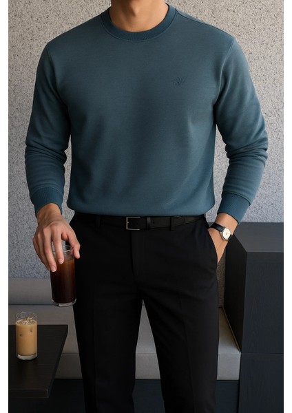 Erkek Bisiklet Yaka Salaş Pamuklu Mavi Sweatshirt