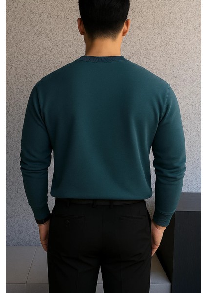 Erkek Bisiklet Yaka Salaş Pamuklu Mavi Sweatshirt