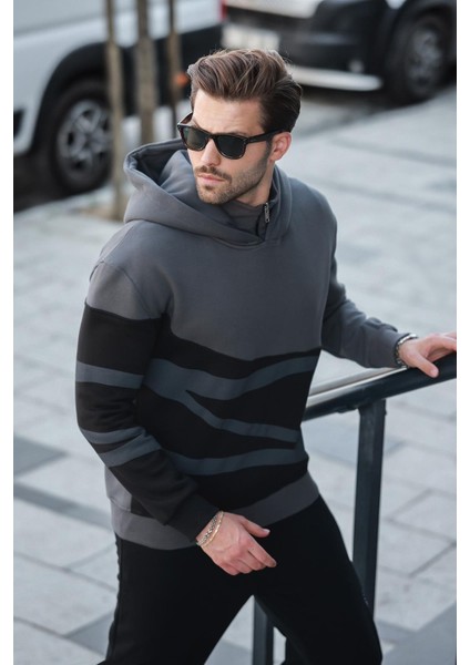 Füme Kapüşonlu Fermuar Yaka Desenli Erkek Sweatshirt E7162 fiyatları