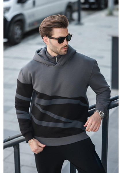 Füme Kapüşonlu Fermuar Yaka Desenli Erkek Sweatshirt E7162 fırsatları
