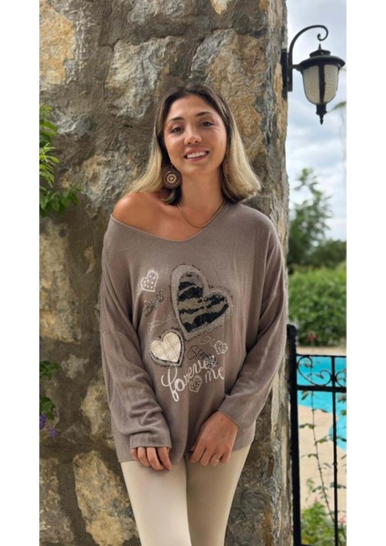 LS6211 Italyan Kalp Desenli Triko Bluz Vizon modelleri