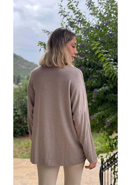 LS6211 Italyan Kalp Desenli Triko Bluz Vizon