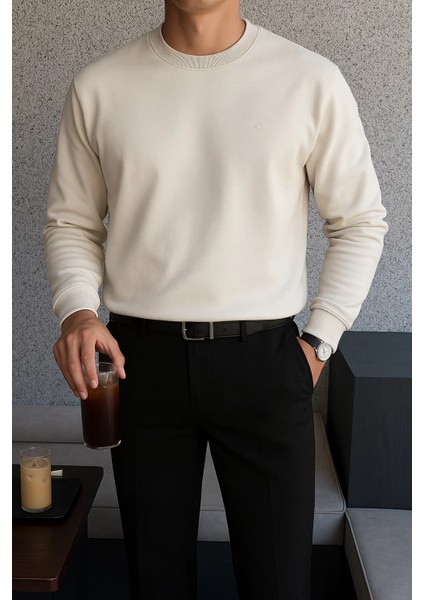 Erkek Bisiklet Yaka Salaş Pamuklu Krem Sweatshirt