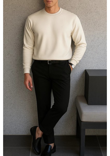 Erkek Bisiklet Yaka Salaş Pamuklu Krem Sweatshirt modelleri