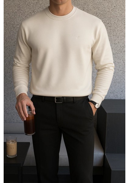 Erkek Bisiklet Yaka Salaş Pamuklu Krem Sweatshirt fırsatları