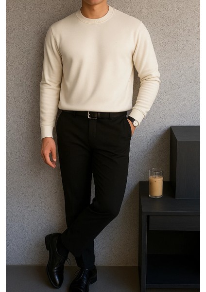 Erkek Bisiklet Yaka Salaş Pamuklu Krem Sweatshirt