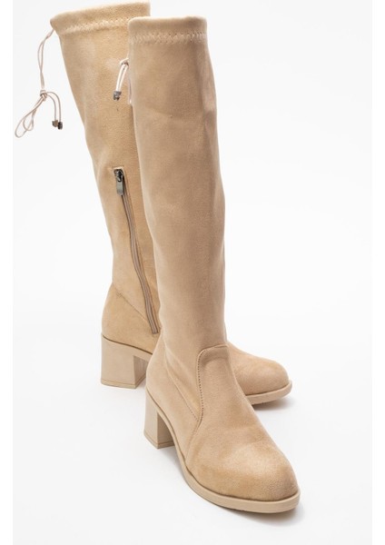 Kadın Dizaltı Streç Topuklu Çizme; Bej Süet