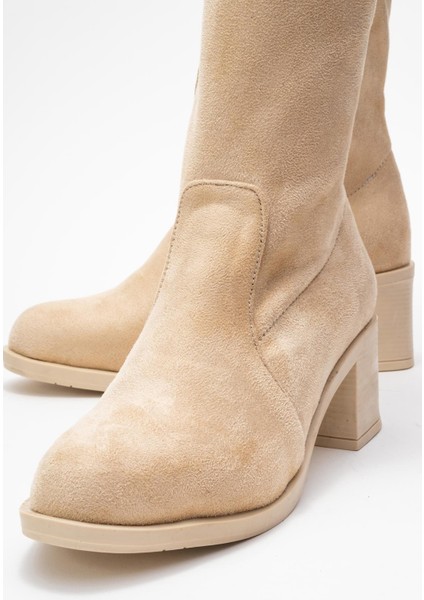 Kadın Dizaltı Streç Topuklu Çizme; Bej Süet modelleri