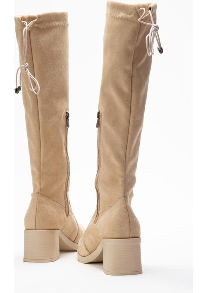 Kadın Dizaltı Streç Topuklu Çizme; Bej Süet fırsatları
