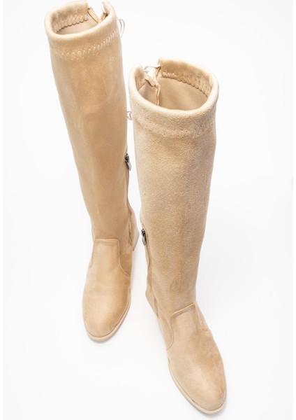 Kadın Dizaltı Streç Topuklu Çizme; Bej Süet indirimleri