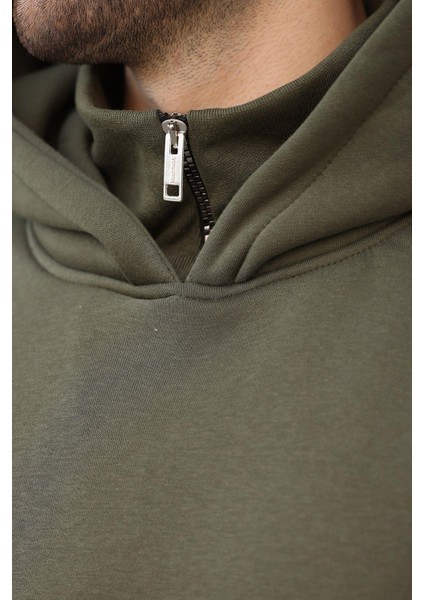 Haki Kapüşonlu Fermuar Yaka Desenli Erkek Sweatshirt E7162 modelleri