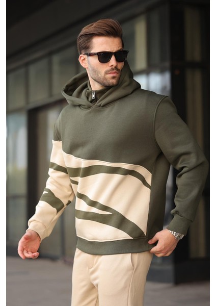 Haki Kapüşonlu Fermuar Yaka Desenli Erkek Sweatshirt E7162 fırsatları