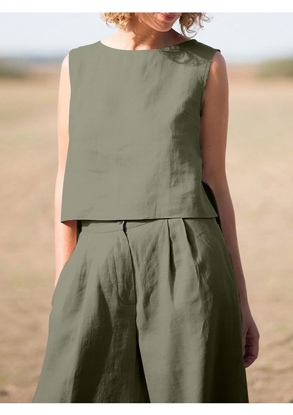 Toridas Keten Günlük Rahat Kolsuz Alt Üst Kadın Takım LN08HAKI