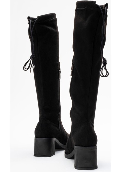 Kadın Dizaltı Streç Topuklu Çizme; Siyah Süet fırsatları