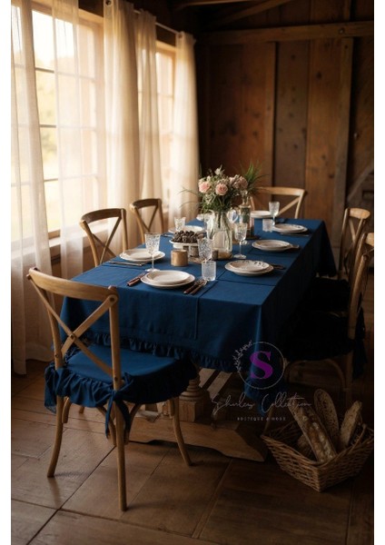 Lacivert Renk El Yapımı Buldan Yıkanmıs Keten 4 Tarafı Fırfırlı Sandalye Minderi