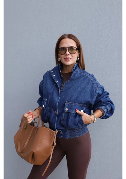 Mavi Ön Cep Detay Jean Ceket