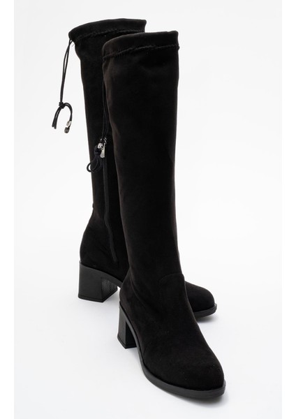 Kadın Dizaltı Streç Topuklu Çizme; Siyah Süet