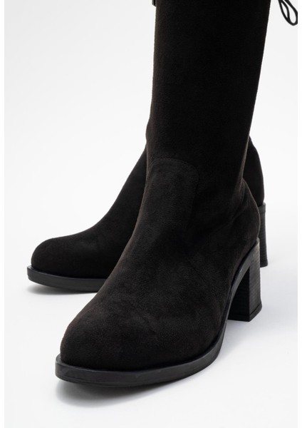 Kadın Dizaltı Streç Topuklu Çizme; Siyah Süet modelleri