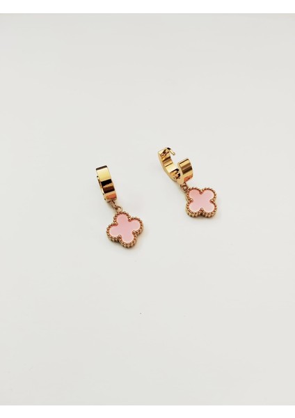 Çelik Pembe Yonca Küpe Altın Rengi