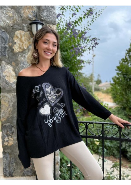 LS6211 Italyan Kalp Desenli Triko Bluz Siyah
