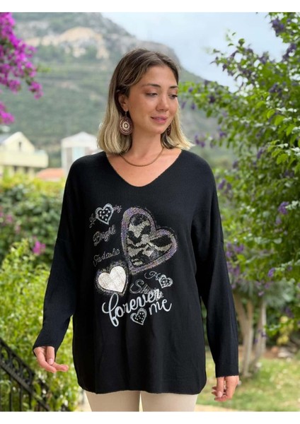 LS6211 Italyan Kalp Desenli Triko Bluz Siyah fırsatları