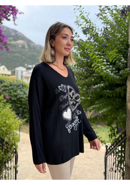 LS6211 Italyan Kalp Desenli Triko Bluz Siyah indirimleri