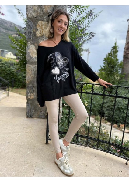 LS6211 Italyan Kalp Desenli Triko Bluz Siyah