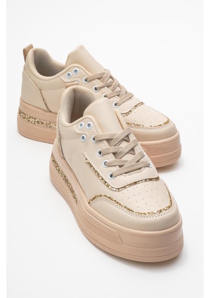 Kadın Taşlı Spor Ayakkabı Bej Altın