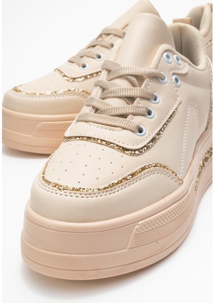Kadın Taşlı Spor Ayakkabı Bej Altın modelleri