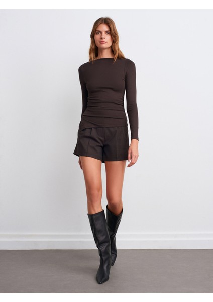 32198 Kayık Yaka Büzgülü Top-Koyu Kahve