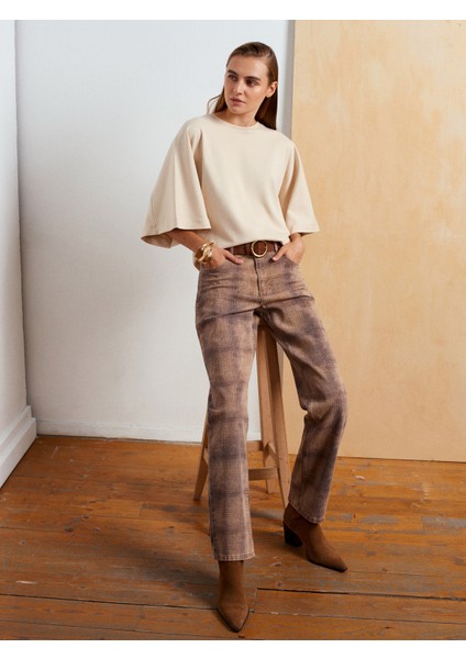 72066 Ekose Desenli Denim Pantolon-Camel