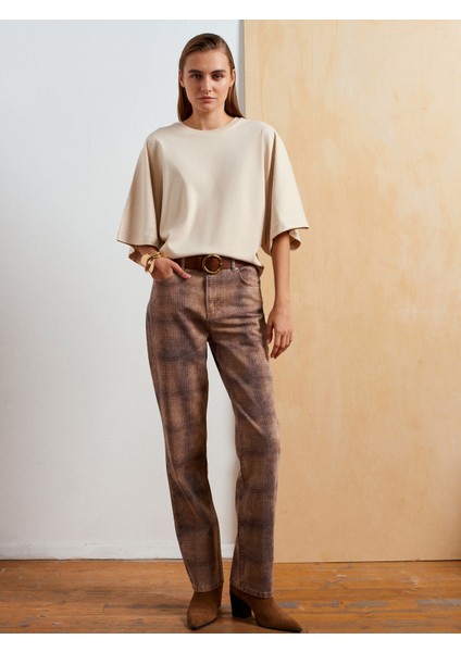 72066 Ekose Desenli Denim Pantolon-Camel modelleri