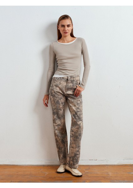 72067 Batik Desenli Denim Pantolon-Haki